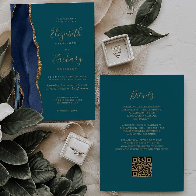 Invitation Chic Navy Blue Gold Agate Turquoise QR Code Mariag (Créateur téléchargé)