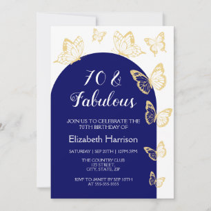 Invitation Chic Navy Blue Gold Butterflies Fabuleux anniversa