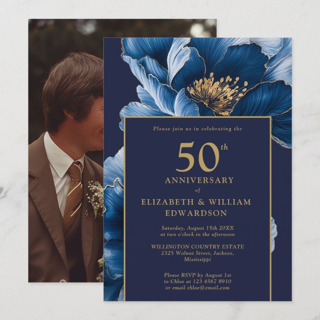 Invitation Chic Navy Blue Gold Floral 50e Anniversaire Photo (Devant / Derrière)