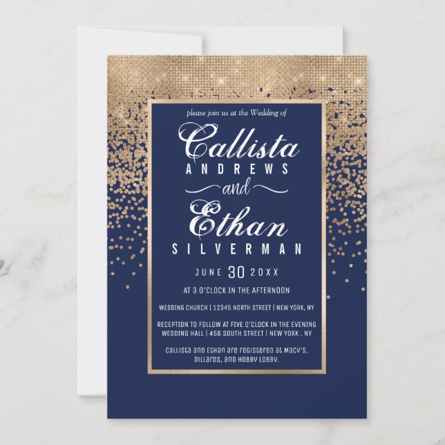 Invitation Chic Navy Blue Gold Parties scintillant Confetti M (Devant)