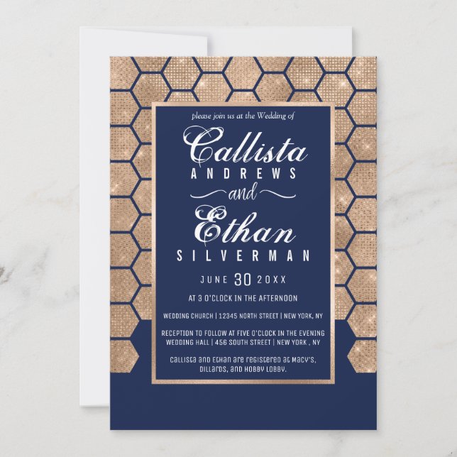 Invitation Chic Navy Blue Gold Parties scintillant Hexagon Ge (Devant)