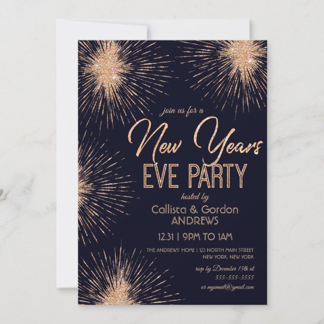 Invitation Chic Navy Blue Gold Parties scintillant Sparkler N (Devant)