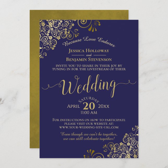 Invitation Chic Navy Blue & Gold Virtual Mariage Livestream (Devant / Derrière)