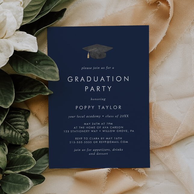 Invitation Chic Navy Blue Grad Casquette fête de graduation (Créateur téléchargé)