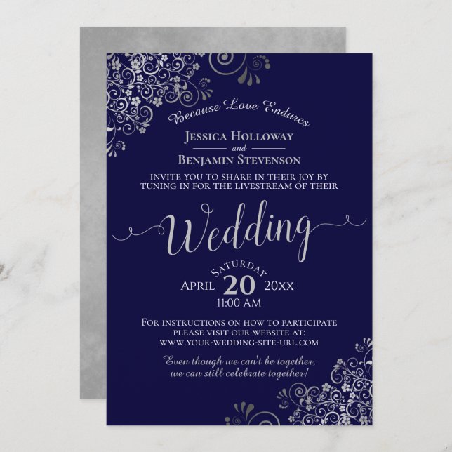 Invitation Chic Navy Blue & Grey Virtual Mariage Livestream (Devant / Derrière)