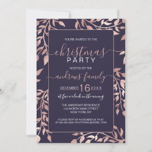 Invitation Chic Navy Blue Rose or Floral Feuilles Noël