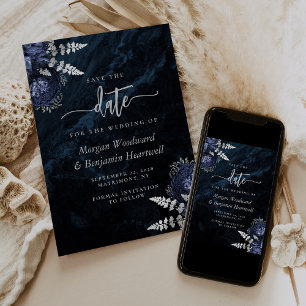 Invitation Chic Navy Blue Silver Floral Wedding Enregistrer l