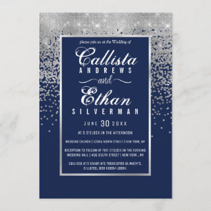 Invitation Chic Navy Blue Silver Parties scintillant Confetti