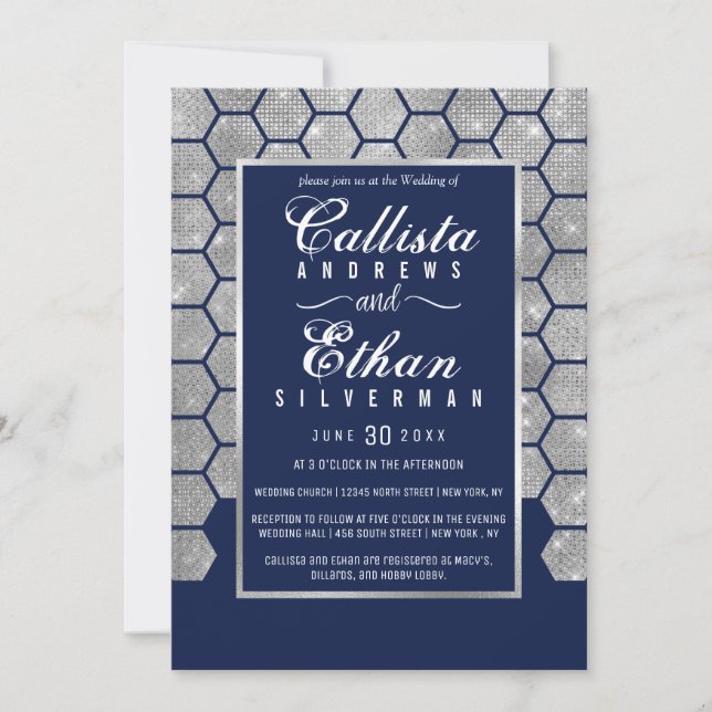 Invitation Chic Navy Blue Silver Parties scintillant Hexagon  (Devant)