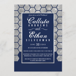 Invitation Chic Navy Blue Silver Parties scintillant Hexagon 