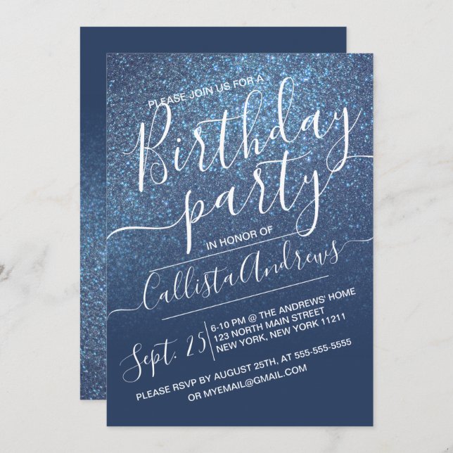 Invitation Chic Navy Blue Sparkly Parties scintillant Ombre A (Devant / Derrière)