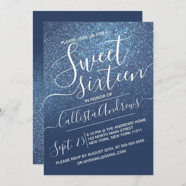 Invitation Chic Navy Blue Sparkly Parties scintillant Ombre S (Devant / Derrière)