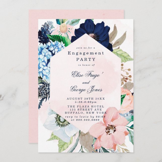 Invitation Chic Navy Blush rose Floral (Devant / Derrière)