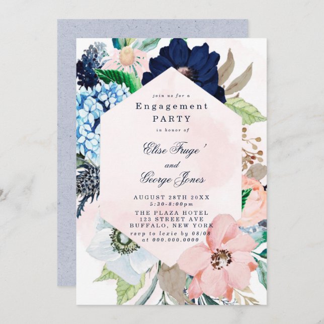 Invitation Chic Navy Blush rose Floral Engagement Party Invit (Devant / Derrière)