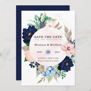 Invitation Chic Navy Blush Rose Floral Mariage Enregistrer La