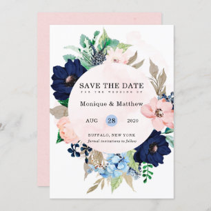 Invitation Chic Navy Blush Rose Floral Mariage Enregistrer La