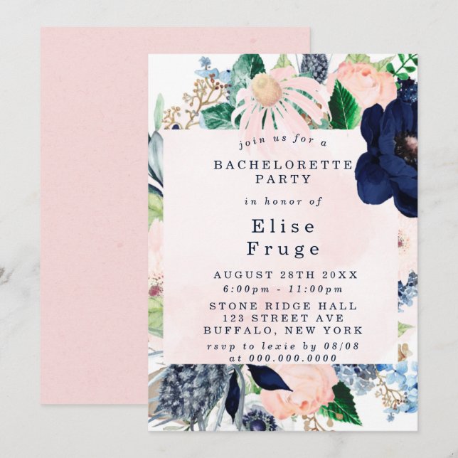 Invitation Chic Navy Blush Rose Florals Bachelorette Party (Devant / Derrière)