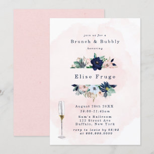 Invitation Chic Navy Blush Rose Florals Brunch & Bubbly