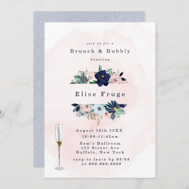 Invitation Chic Navy Blush Rose Florals Brunch & Bubbly Invit (Devant / Derrière)
