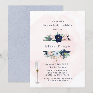 Invitation Chic Navy Blush Rose Florals Brunch & Bubbly Invit