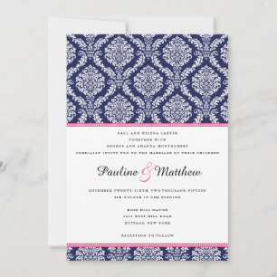 Invitation Chic Navy et Pink Mariage damassé
