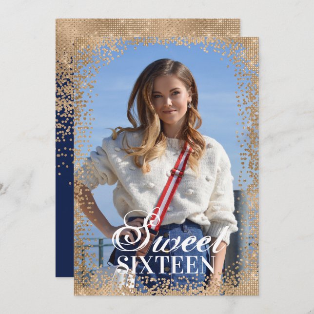 Invitation Chic Navy Gold Parties scintillant Confetti Photo  (Devant / Derrière)