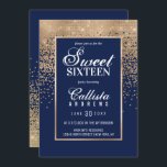 Invitation Chic Navy Gold Parties scintillant Confetti Photo<br><div class="desc">Cette invitation formelle Sweet 16 photo s'inspire de la palette de couleurs moderne et tendance imprégnée d'une structure design chic et glamour. C'est élégant et joli imprimé affiche fausse parties scintillant or brillant imprimé ombragé sombre confetti dégradé avec une bordure en or pour encadrer le texte, sur le dessus d'un...</div>