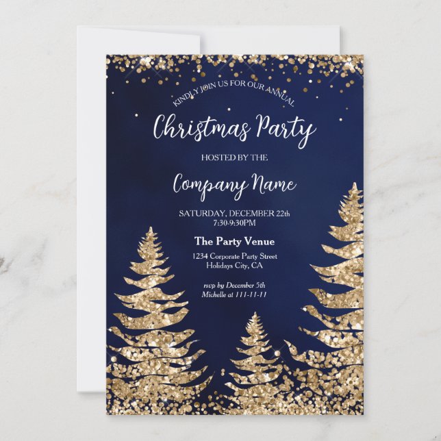 Invitation Chic Navy Gold Parties scintillant Pine Corporate  (Devant)