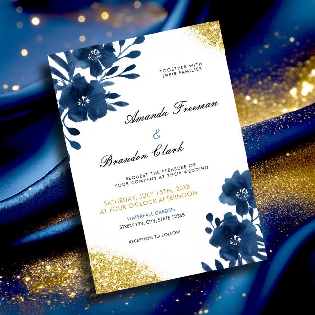 Invitation Chic Navy Watercolor Flowers Mariage Parties scint (Créateur téléchargé)