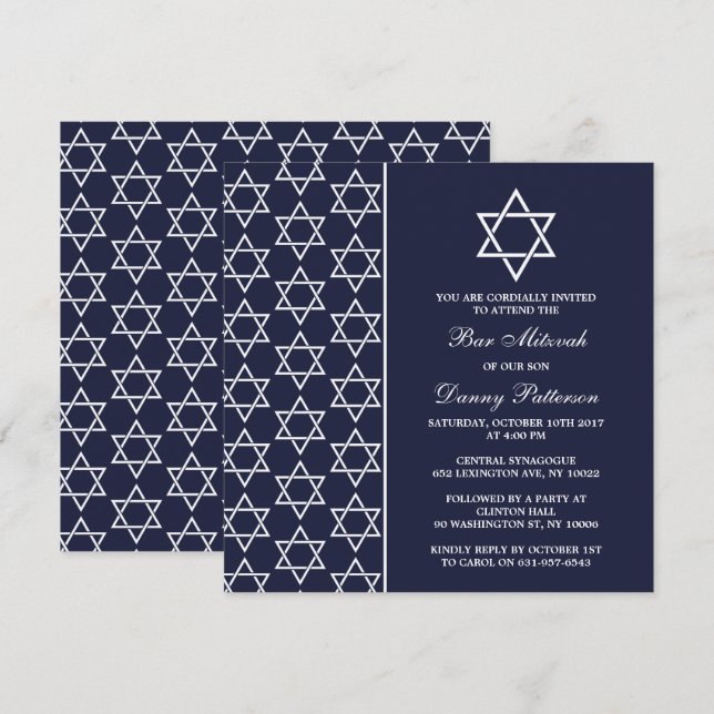Invitation Chic Navy & White Jewish Star Of David Bar Mitzvah (Devant / Derrière)