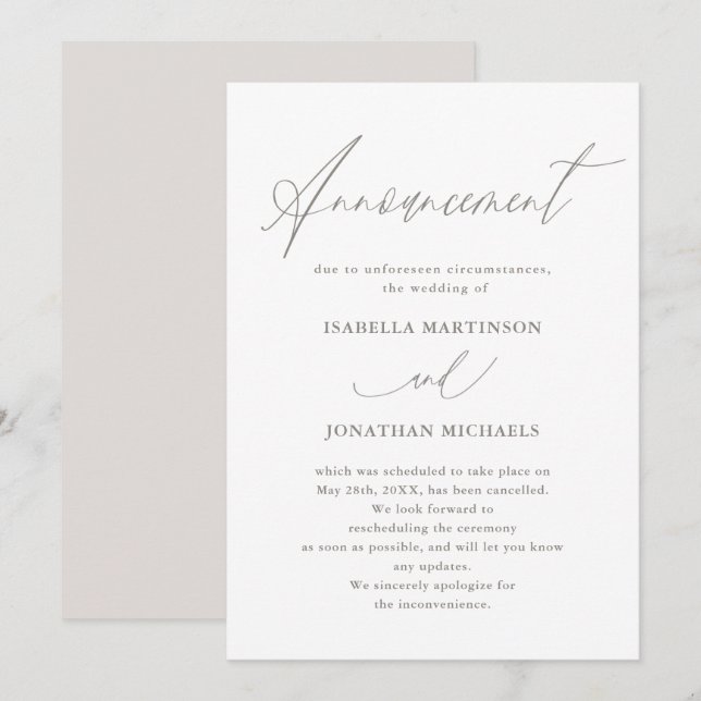 Invitation Chic Neutral Calligraphie Mariage Annulation (Devant / Derrière)