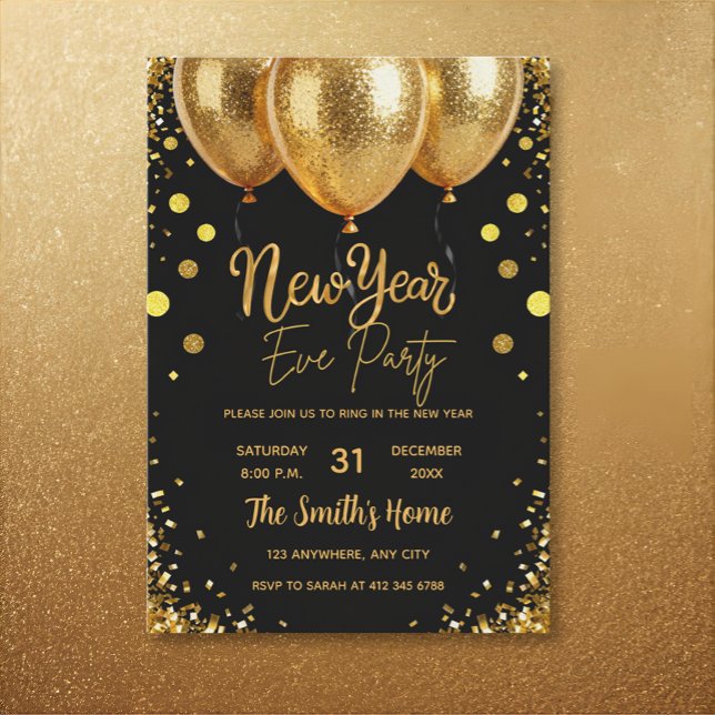 Invitation Chic New Year' Eve Party Gold Glitter Black  (Créateur téléchargé)