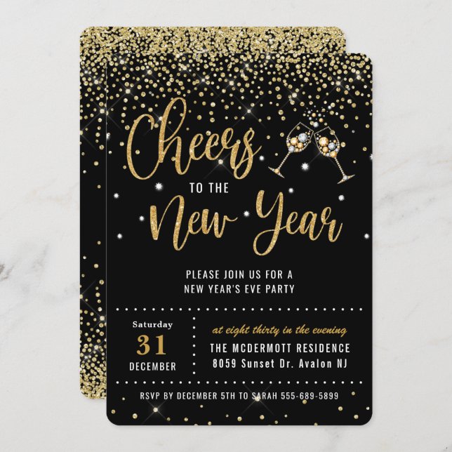 Invitation Chic New Year's Eve Party Black Gold Parties scint (Devant / Derrière)