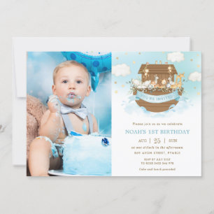 Invitation Chic Noah's Ark Cute Animals Boy Birthday Photo