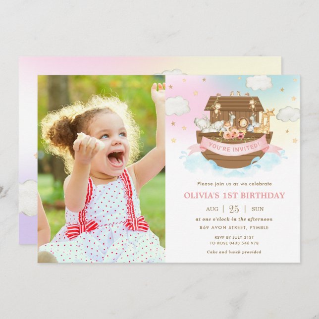 Invitation Chic Noah's Ark Cute Animals Girl Birthday Photo (Devant / Derrière)