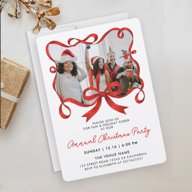 Invitation Chic Noël Photo Ruban Rouge Calligraphie Script (Créateur téléchargé)