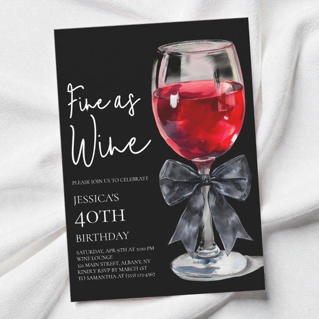 Invitation Chic Nœud Noir Fin comme du Vin Fête d'anniversair (Chic Black Bow Fine as Wine 40th Birthday Party Invitation)