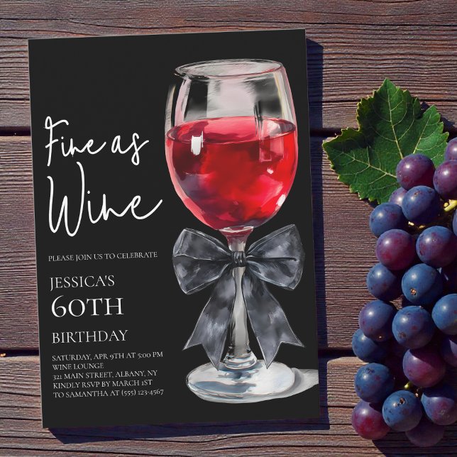 Invitation Chic Nœud Noir Fin comme du Vin Soixantième Annive (Chic Black Bow Fine as Wine 60th Birthday Party Invitation)