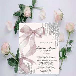 Invitation Chic Nœud Rose Pailleté Argent Drips Quinceañera