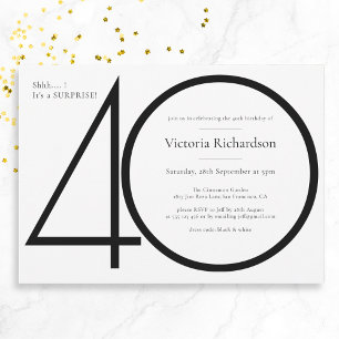 Invitation Chic noir blanc minimaliste Surprise 40e anniversa