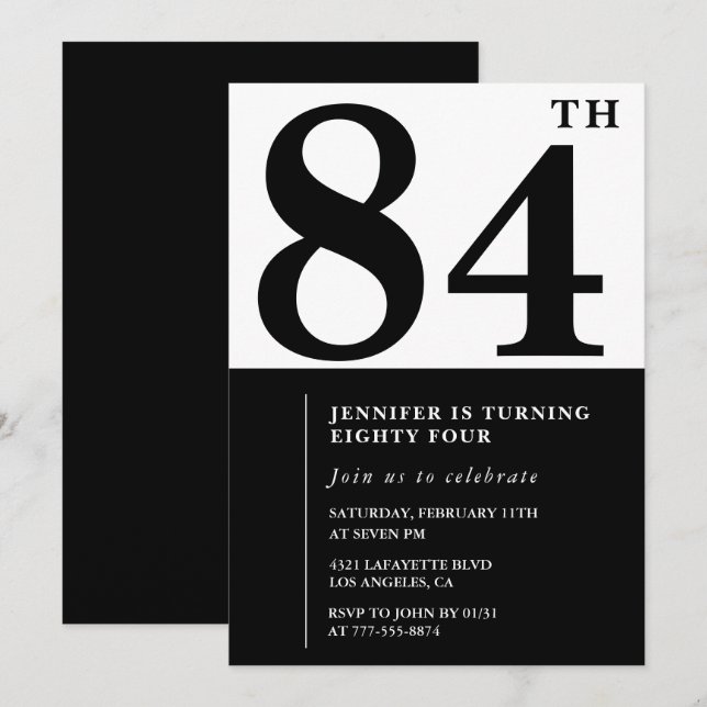Invitation Chic Noir Blanc pour son 84ème anniversaire (Devant / Derrière)