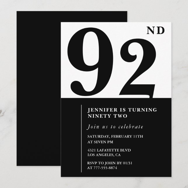 Invitation Chic noir blanc pour son 92e anniversaire (Devant / Derrière)