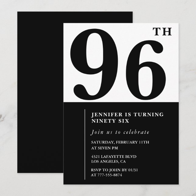 Invitation Chic noir blanc pour son 96ème anniversaire (Devant / Derrière)