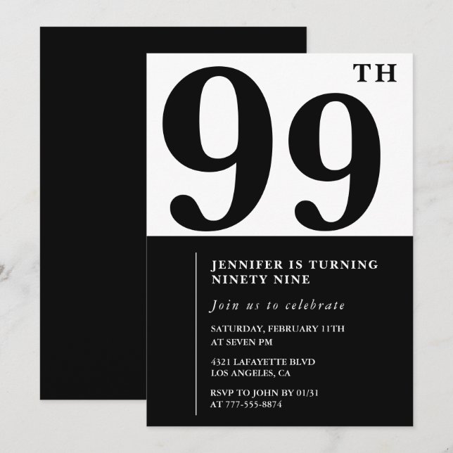 Invitation Chic noir blanc pour son 99ème anniversaire (Devant / Derrière)