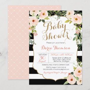 Invitation Chic noir blanc rayures et Baby shower floral flou
