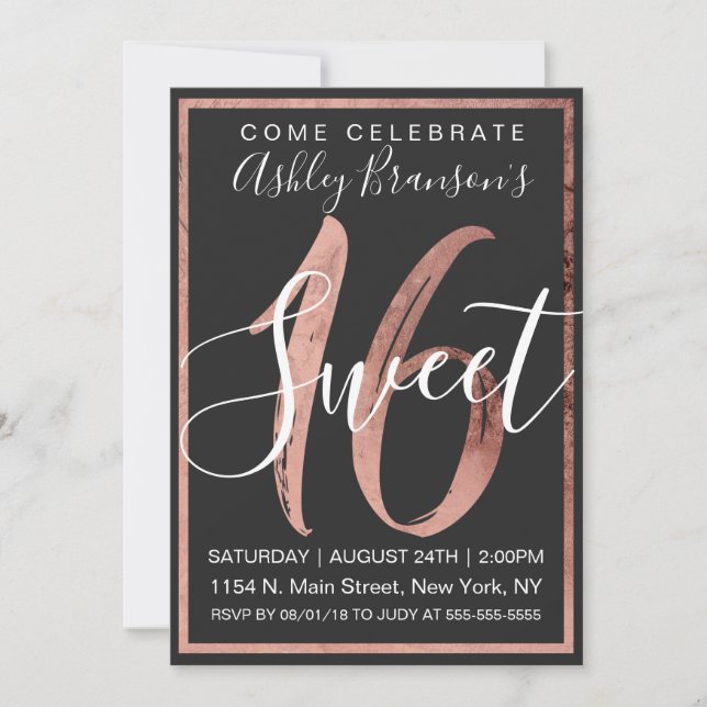 Invitation Chic noir et blanc Faux Rose Gold Foil Sweet 16 (Devant)