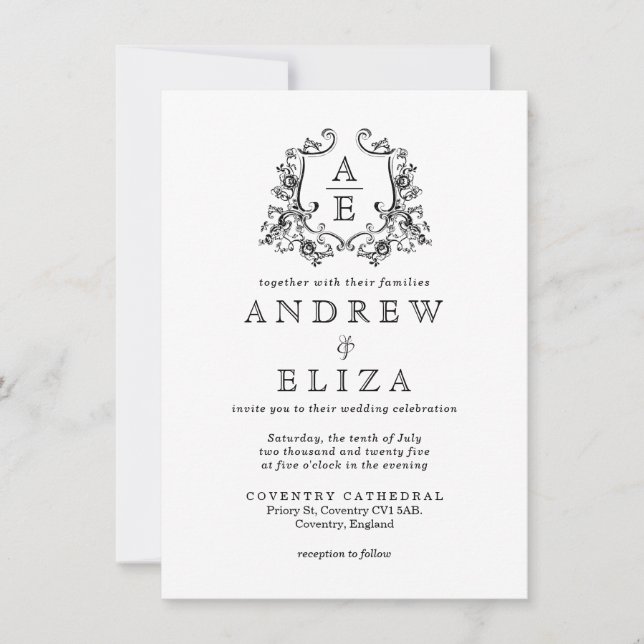 Invitation Chic noir et blanc Monogram Crest Mariage (Devant)