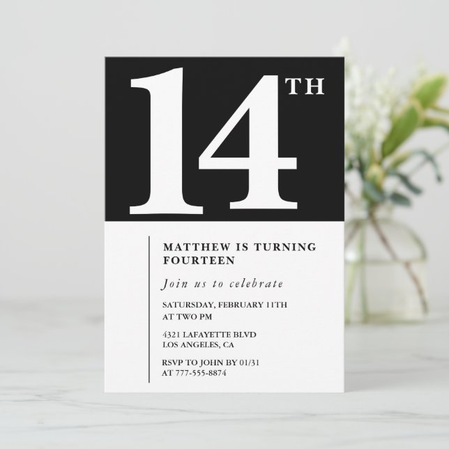 Invitation chic noir et blanc pour 14 ans (Debout devant)