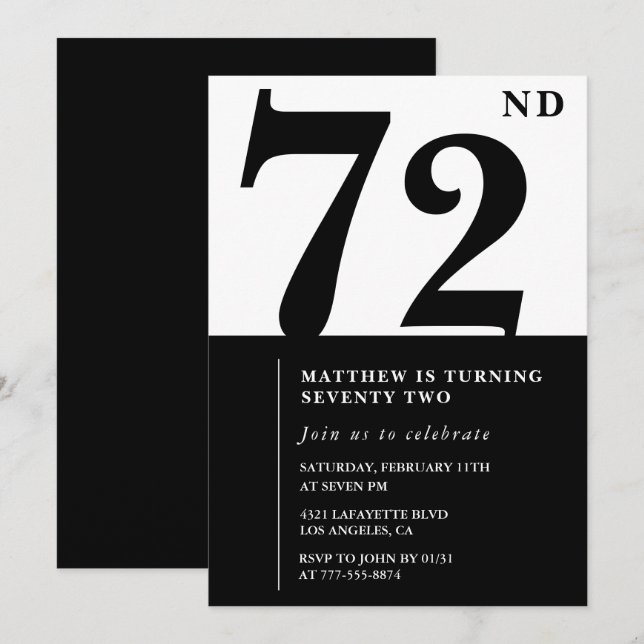 Invitation chic noir et blanc pour 72e anniversair (Devant / Derrière)