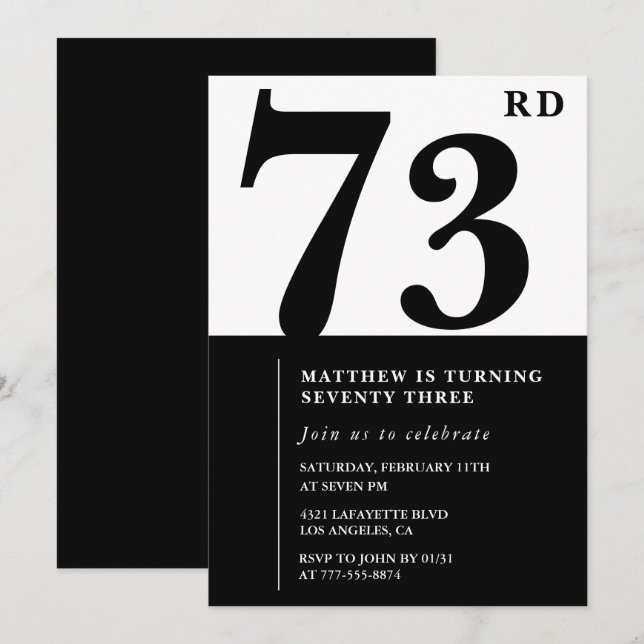 Invitation chic noir et blanc pour 73e anniversair (Devant / Derrière)